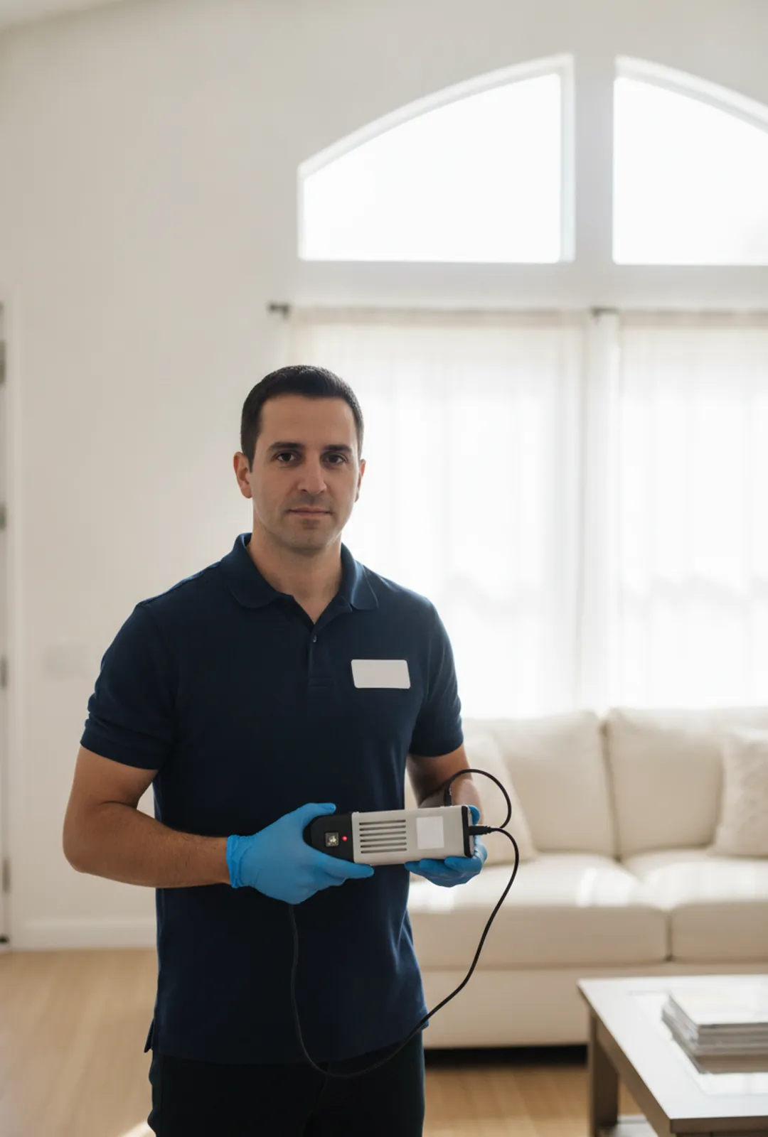 Mold testing technician collecting an air sample in a Santa Clarita home