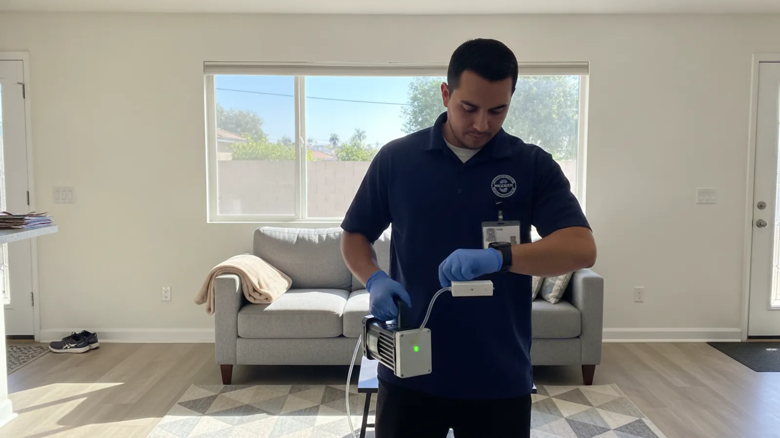 Mold testing technician collecting an air sample in a Santa Clarita home