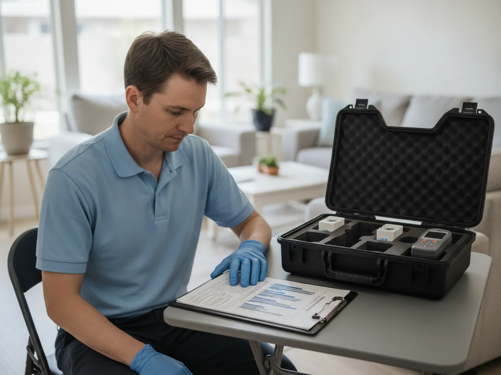 Technician reviewing an indoor-air-quality lab report in a Santa Clarita home